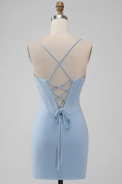 Bodycon Azul Claro Corset Espaghetti Correias Vestido Curto Homecoming
