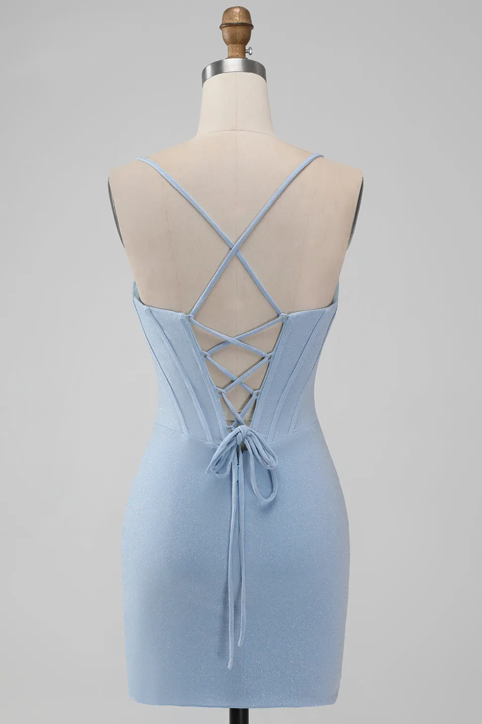 Bodycon Azul Claro Corset Espaghetti Correias Vestido Curto Homecoming