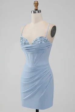 Bodycon Azul Claro Corset Espaghetti Correias Vestido Curto Homecoming