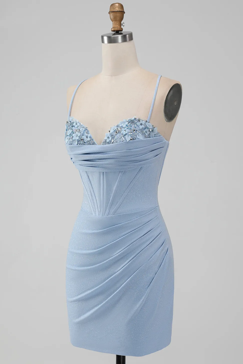 Bodycon Azul Claro Corset Espaghetti Correias Vestido Curto Homecoming