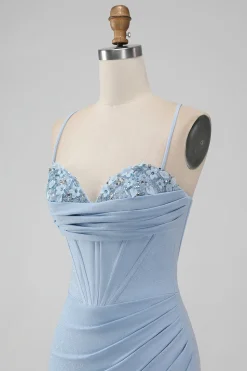 Bodycon Azul Claro Corset Espaghetti Correias Vestido Curto Homecoming