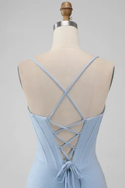 Bodycon Azul Claro Corset Espaghetti Correias Vestido Curto Homecoming
