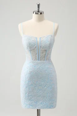 Bodycon Azul Claro Esparguete Correias Corset Homceoming Vestido com Sequins