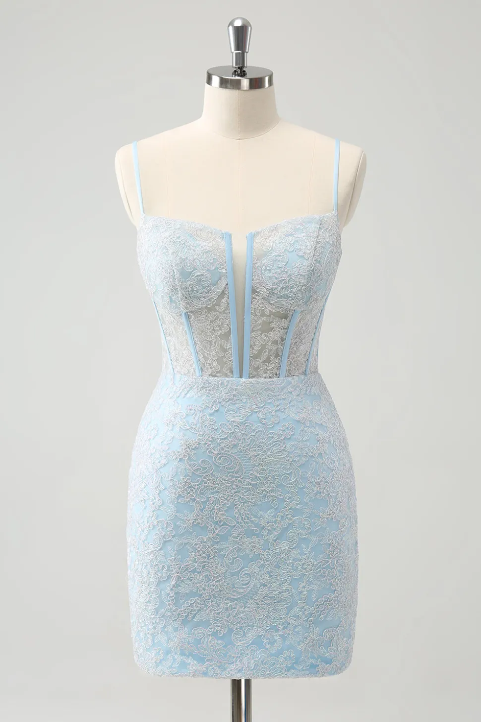 Bodycon Azul Claro Esparguete Correias Corset Homceoming Vestido com Sequins