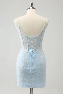 Bodycon Azul Claro Esparguete Correias Corset Homceoming Vestido com Sequins
