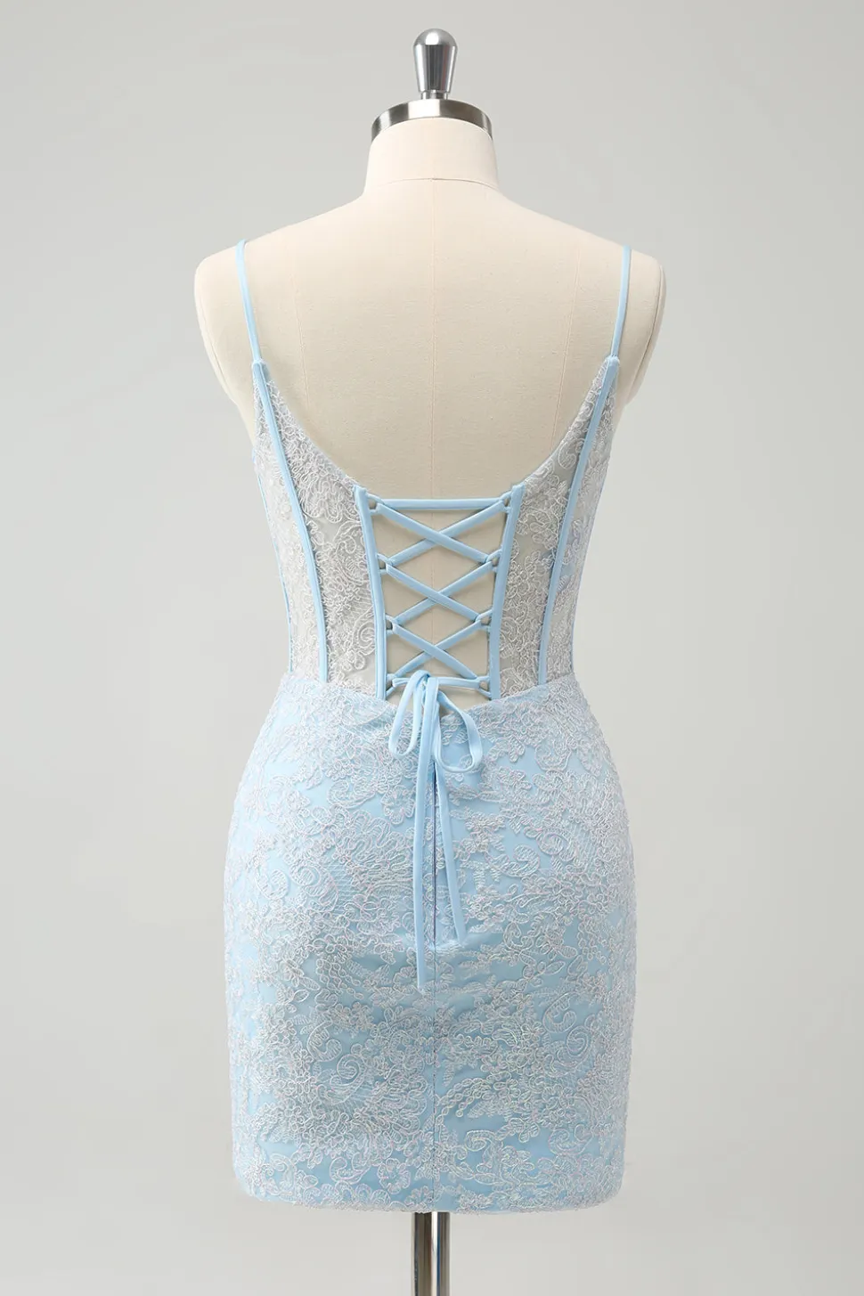 Bodycon Azul Claro Esparguete Correias Corset Homceoming Vestido com Sequins