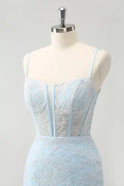 Bodycon Azul Claro Esparguete Correias Corset Homceoming Vestido com Sequins