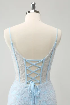 Bodycon Azul Claro Esparguete Correias Corset Homceoming Vestido com Sequins