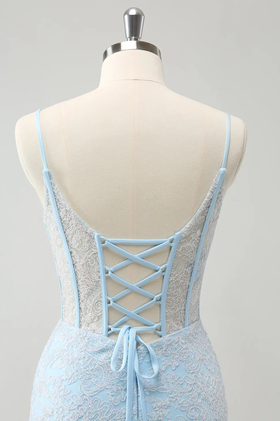 Bodycon Azul Claro Esparguete Correias Corset Homceoming Vestido com Sequins