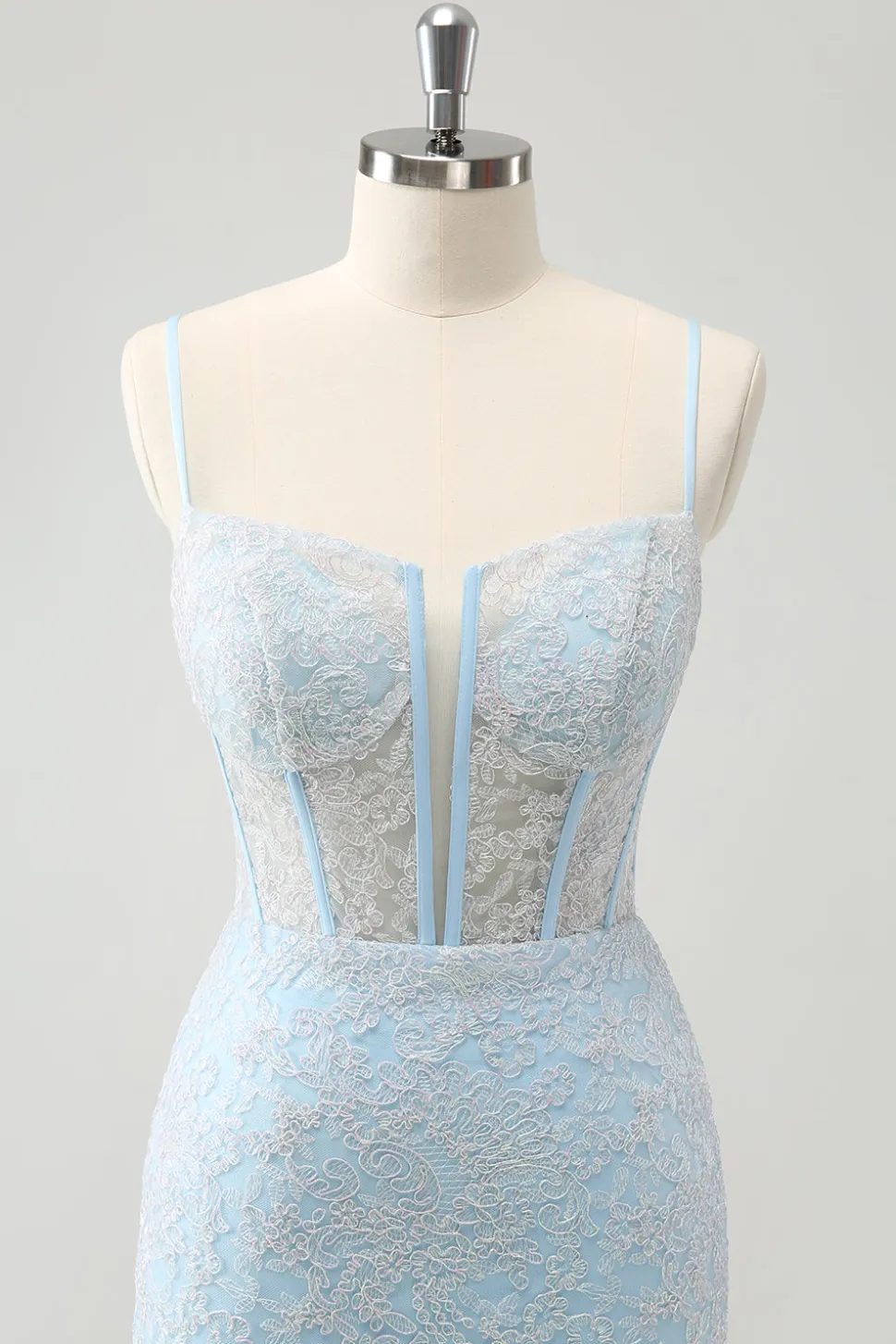 Bodycon Azul Claro Esparguete Correias Corset Homceoming Vestido com Sequins