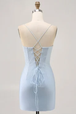 Bodycon azul claro Esparguete Correias frisado Homecoming Dress