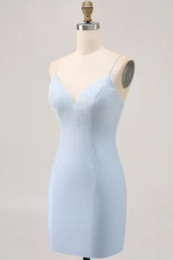 Bodycon azul claro Esparguete Correias frisado Homecoming Dress