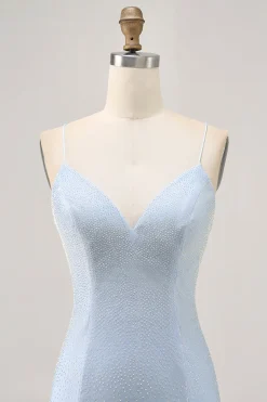 Bodycon azul claro Esparguete Correias frisado Homecoming Dress