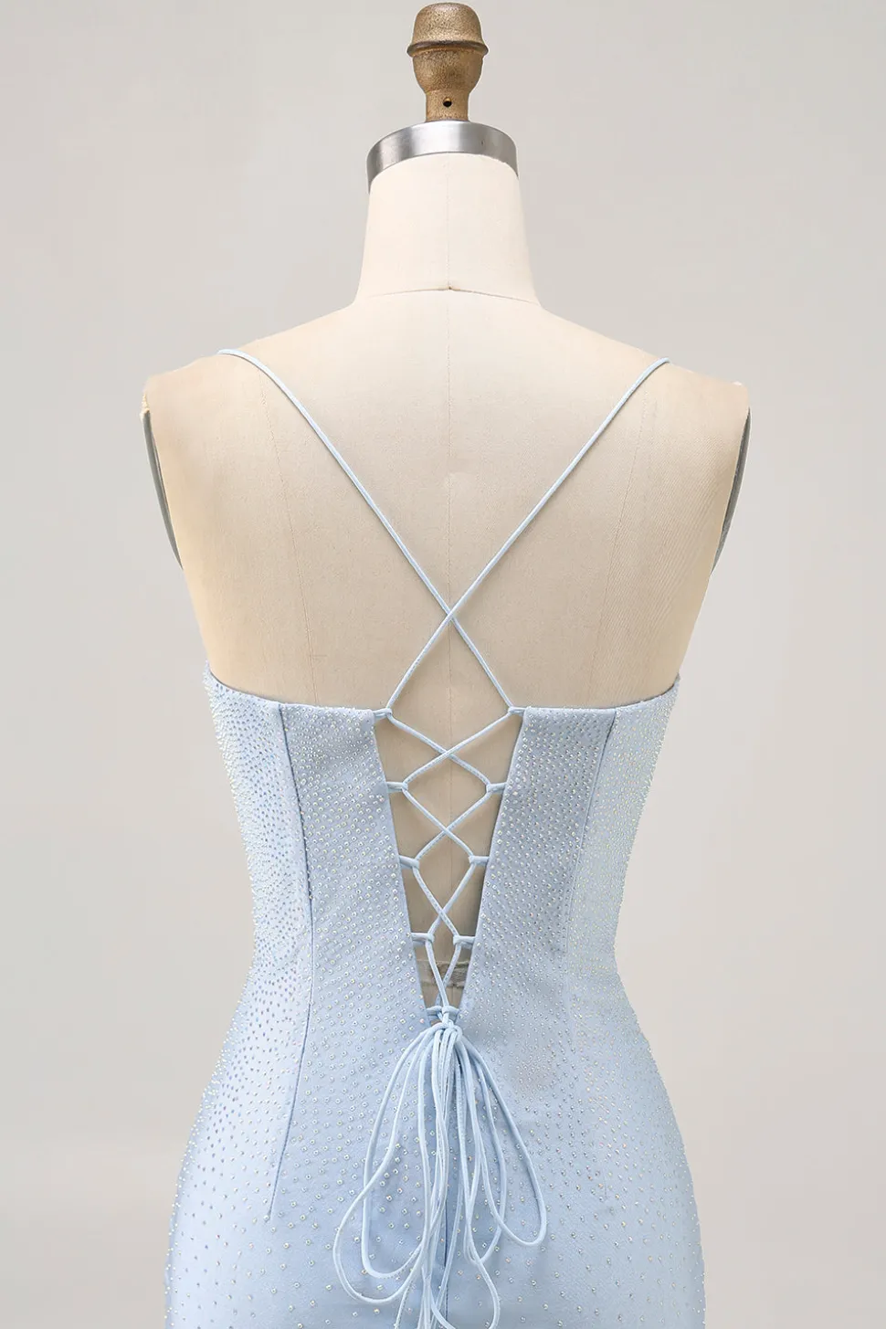 Bodycon azul claro Esparguete Correias frisado Homecoming Dress
