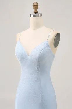 Bodycon azul claro Esparguete Correias frisado Homecoming Dress
