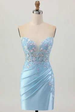Bodycon azul claro espartilho sem alças Ruched Sequins Vestido Curto Homecoming