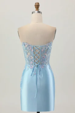Bodycon azul claro espartilho sem alças Ruched Sequins Vestido Curto Homecoming