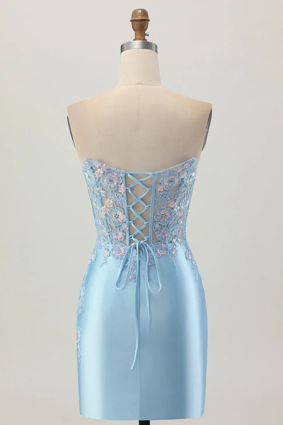 Bodycon azul claro espartilho sem alças Ruched Sequins Vestido Curto Homecoming