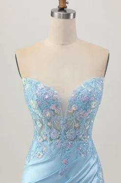 Bodycon azul claro espartilho sem alças Ruched Sequins Vestido Curto Homecoming