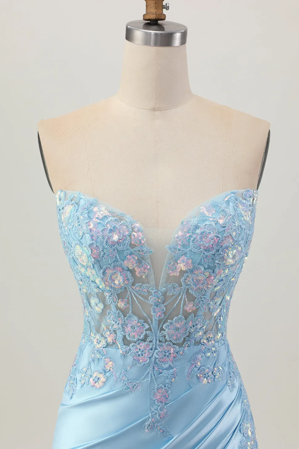 Bodycon azul claro espartilho sem alças Ruched Sequins Vestido Curto Homecoming