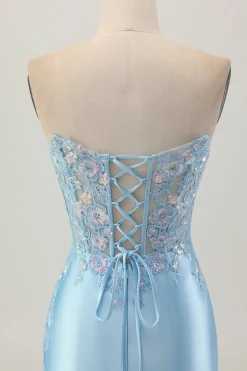 Bodycon azul claro espartilho sem alças Ruched Sequins Vestido Curto Homecoming