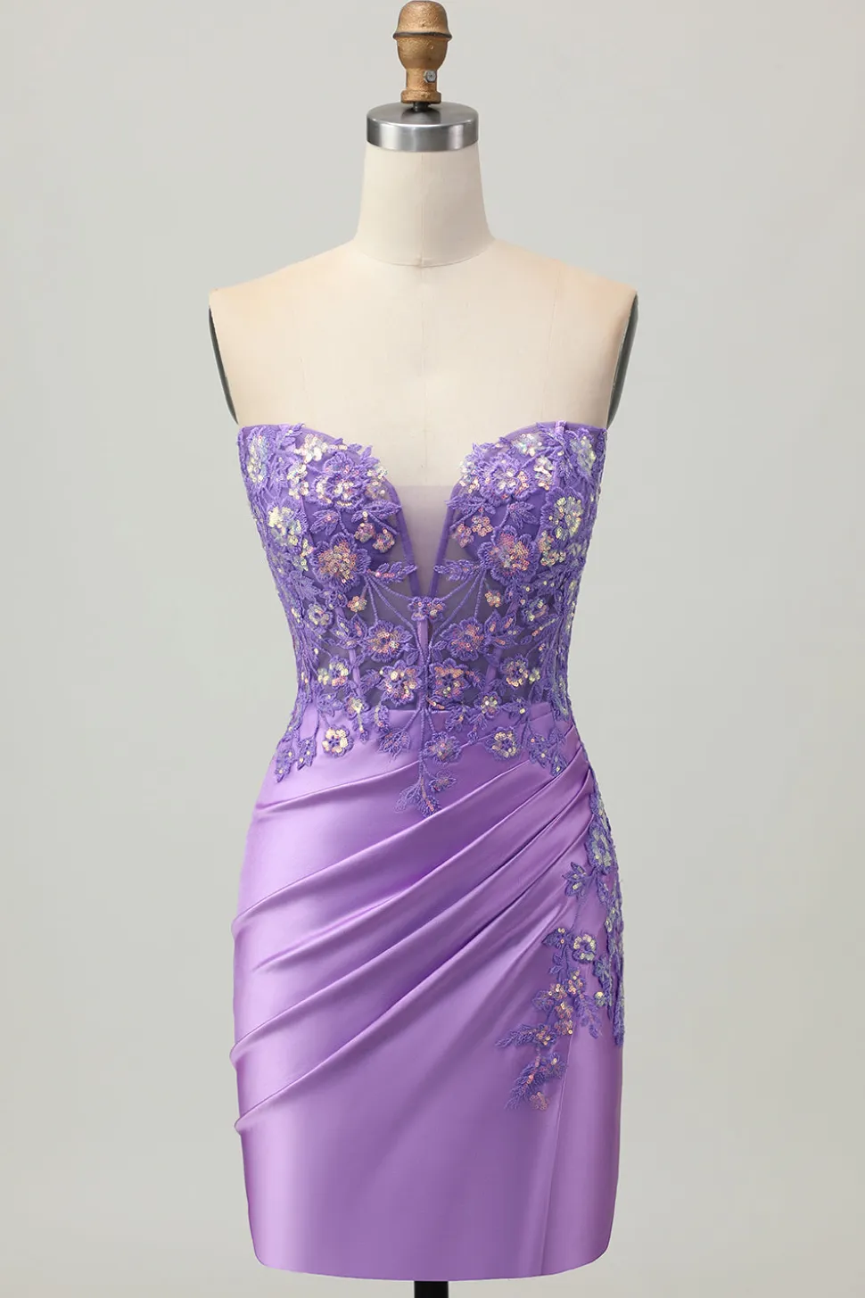 Bodycon azul claro espartilho sem alças Ruched Sequins Vestido Curto Homecoming