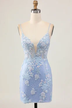 Bodycon azul claro Sequins floral Homecoming vestido com apliques