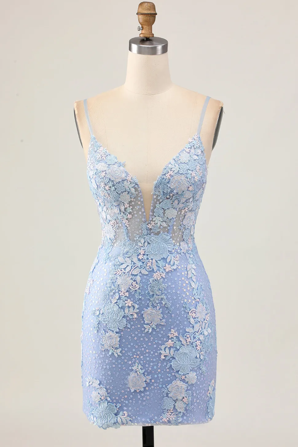 Bodycon azul claro Sequins floral Homecoming vestido com apliques