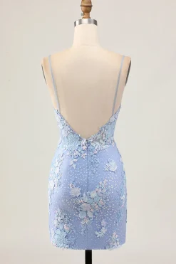 Bodycon azul claro Sequins floral Homecoming vestido com apliques