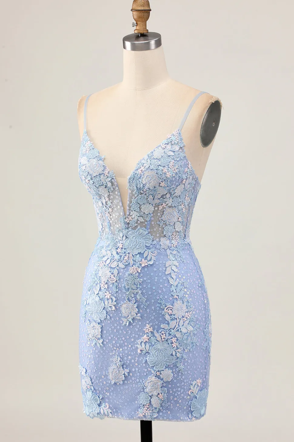 Bodycon azul claro Sequins floral Homecoming vestido com apliques