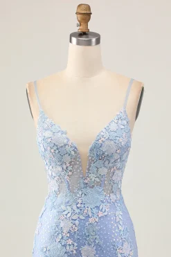 Bodycon azul claro Sequins floral Homecoming vestido com apliques
