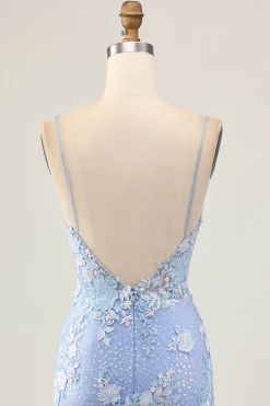 Bodycon azul claro Sequins floral Homecoming vestido com apliques