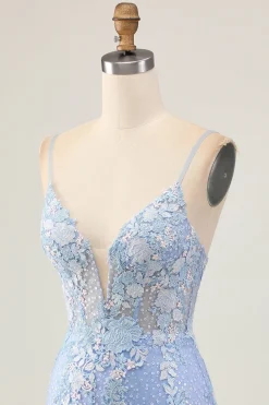 Bodycon azul claro Sequins floral Homecoming vestido com apliques