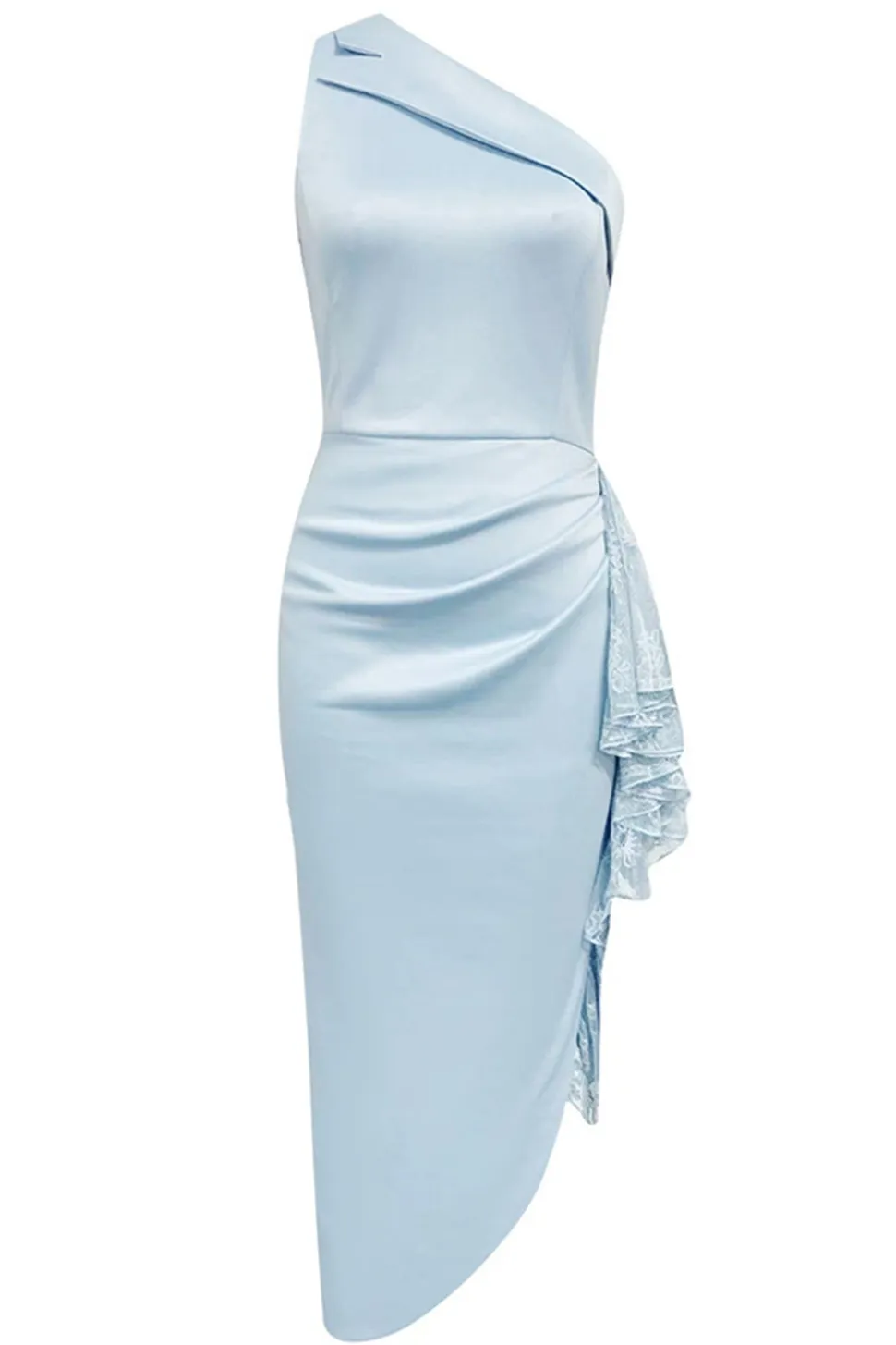 Bodycon azul claro um ombro comprimento chá vestido formal