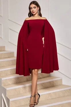 Bodycon Borgonha fora do ombro midi vestido de cocktail com mangas de capa