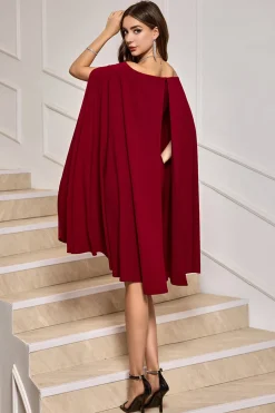 Bodycon Borgonha fora do ombro midi vestido de cocktail com mangas de capa
