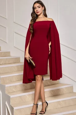 Bodycon Borgonha fora do ombro midi vestido de cocktail com mangas de capa