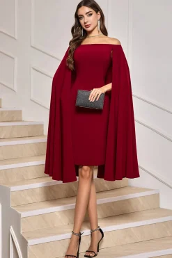 Bodycon Borgonha fora do ombro midi vestido de cocktail com mangas de capa