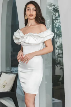 Bodycon branco fora do ombro vestido curto de formatura