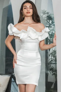 Bodycon branco fora do ombro vestido curto de formatura