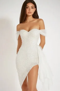 Bodycon Brilhante Fora do Ombro Assimétrico Curto/Mini Vestidinho Branco