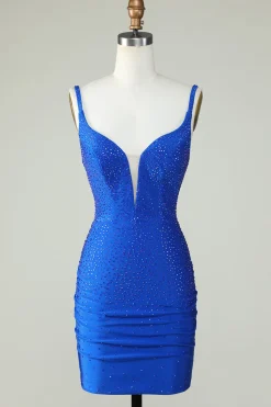 Bodycon Deep V Neck Royal Blue Vestido Curto Homecoming com Missangas