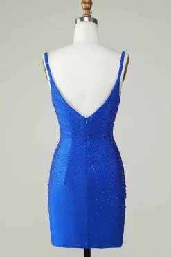 Bodycon Deep V Neck Royal Blue Vestido Curto Homecoming com Missangas