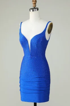 Bodycon Deep V Neck Royal Blue Vestido Curto Homecoming com Missangas