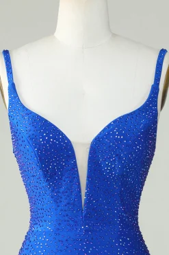Bodycon Deep V Neck Royal Blue Vestido Curto Homecoming com Missangas