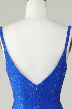 Bodycon Deep V Neck Royal Blue Vestido Curto Homecoming com Missangas