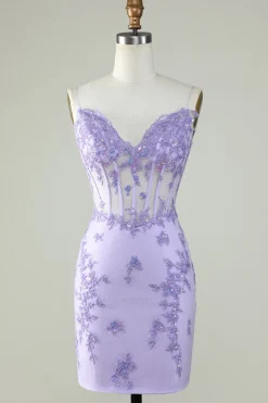Bodycon Esparguete Correias Purple Corset Homecoming Dress com Apliques