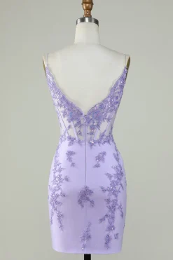 Bodycon Esparguete Correias Purple Corset Homecoming Dress com Apliques