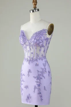 Bodycon Esparguete Correias Purple Corset Homecoming Dress com Apliques