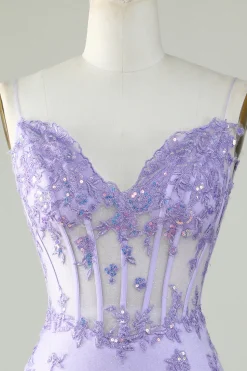 Bodycon Esparguete Correias Purple Corset Homecoming Dress com Apliques